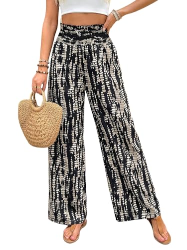 SweatyRocks Weite Hose Damen Elegant Lockere Sommerhose Leicht Palazzo Hose Batik Stretch Hosen Strandhose Mit Gummizug Sommerhosen Schwarz S von SweatyRocks