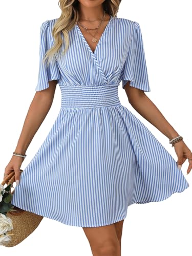 SweatyRocks Wickelkleid Damen Sommer Midi Blusenkleid Gestreiftes Kleid Sommerkleid Kurz Hemdblusenkleid Elegant Strandkleider A Linien Kleid Blau und Weiß L SweatyRocks Wickelkleid Damen Sommer Midi Blusenkleid Gestreiftes Kleid Sommerkleid Kurz Hemdblusenkleid Elegant Strandkleider A Linien Kleid Blau und Weiß L von SweatyRocks