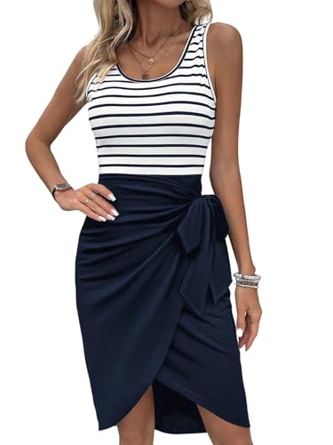 SweatyRocks Wickelkleid Damen Sommer Midi Gestreiftes Kleid Elegant Sommerkleid Knielang Strandkleider Ärmelloses Kleid Business Outfits Königsblau S von SweatyRocks