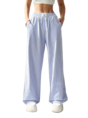 SweatyRocks Wide Leg Hose Damen Gestreifte Hose Mit Tasche Lockere Hosen Weites Bein Freizeithose Mit Gummizug Musselin Hosen Baggy Jogginghose Blau M von SweatyRocks