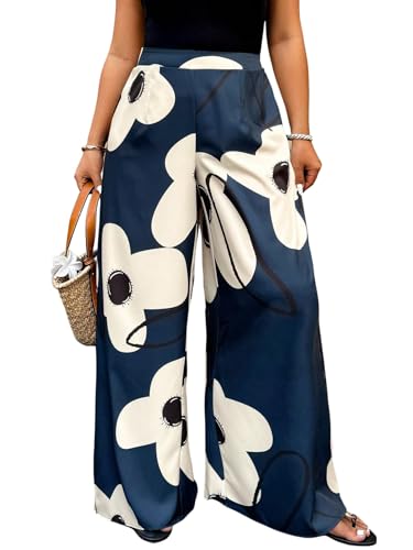 SweatyRocks Wide Leg Hose Damen Große Größen Blumen Hose Weites Bein Freizeithose Mit Gummizug Elegante Hosen Business Outfit Dunkelblau 0XL von SweatyRocks