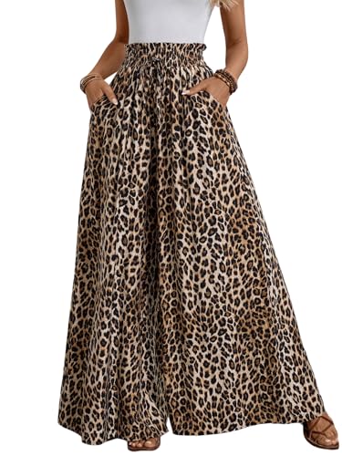 SweatyRocks Wide Leg Hose Damen Leo Hose Mit Taschen Lockere Hosen Weites Bein Freizeithose Mit Leoparden Musselin Hosen Mit Gummizug Leoparden S von SweatyRocks