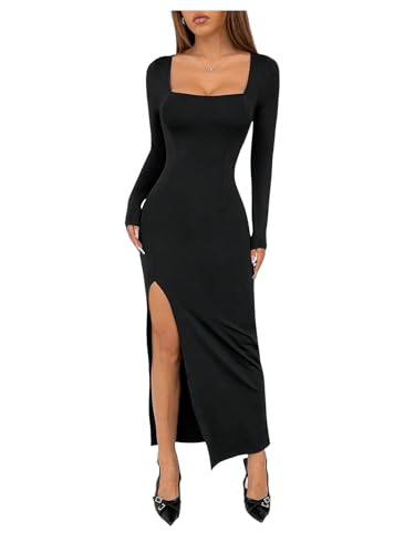 SweatyRocks Winterkleid Damen Lang Elegant Kleid Mit Schlitz Langarm Kleid Mit Eckigem Ausschnitt Maxikleid Herbst Figurbetontes Kleid Schwarz S von SweatyRocks