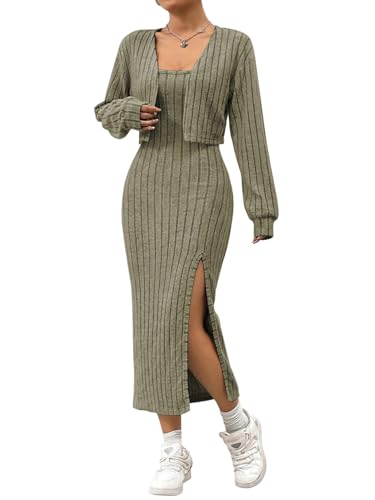 SweatyRocks Zweiteiler Damen Elegant Strickkleid 2 Teiler Trägerkleid Und Strickjacke Set Maxikleider Mit Schlitz Herbstkleid Und Cardigan Herbst Outfit Grün L von SweatyRocks