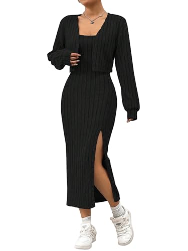 SweatyRocks Zweiteiler Damen Elegant Strickkleid 2 Teiler Trägerkleid Und Strickjacke Set Maxikleider Mit Schlitz Herbstkleid Und Cardigan Herbst Outfit Schwarz XS von SweatyRocks