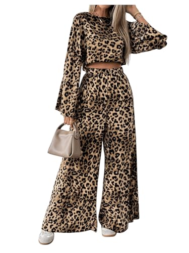 SweatyRocks Zweiteiler Damen Elegant Winter Oberteil Und Hose Set Leo Hausanzug Loungewear Leo Print 2 Teiler Langarm Freizeitanzug Modern Leo L von SweatyRocks