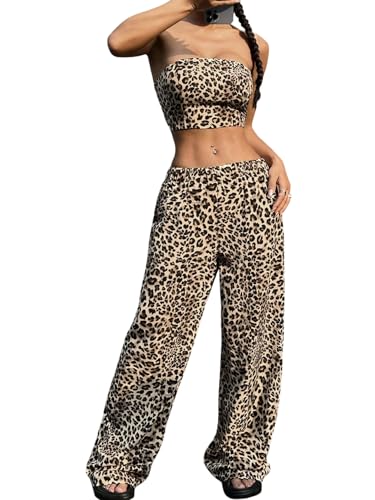 SweatyRocks Zweiteiler Damen Sommer Y2k Party Outfit Bandeau Top Und Sweathose Leopardenmuster 2 Teiler Crop Top Mit Hose Set Festival Outfit Leo S von SweatyRocks