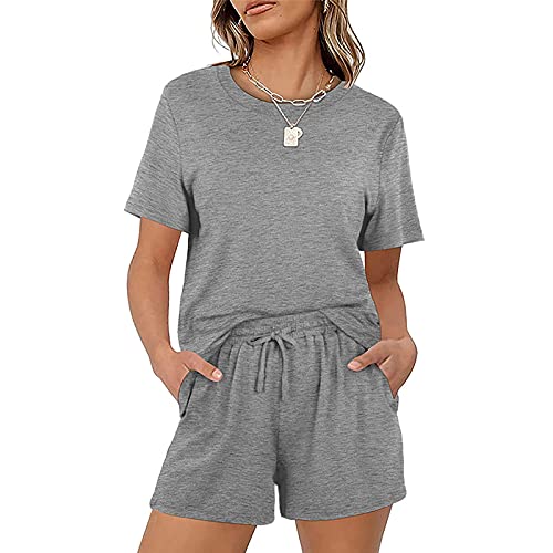 Sweatyshark Damen Zweiteilige Freizeitanzug Hausanzug Sportanzug Rundhals Kurzarm Elastischer Taille Beiläufiges Einfarbig Leisure Hose mit Taschen für Running Yoga Gym,A Grau,M von Sweatyshark