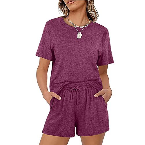Sweatyshark Damen Zweiteilige Freizeitanzug Hausanzug Sportanzug Rundhals Kurzarm Elastischer Taille Beiläufiges Einfarbig Leisure Hose mit Taschen für Running Yoga Gym,A Violett,XL von Sweatyshark