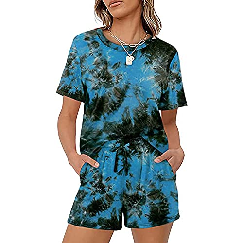 Sweatyshark Damen Zweiteilige Freizeitanzug Hausanzug Sportanzug Rundhals Kurzarm Elastischer Taille Beiläufiges Einfarbig Leisure Hose mit Taschen für Running Yoga Gym,B Schwarz Blume ,S von Sweatyshark