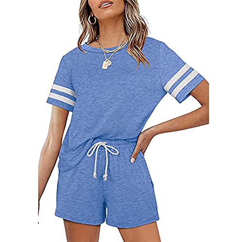 Sweatyshark Damen Zweiteilige Freizeitanzug Hausanzug Sportanzug Rundhals Kurzarm Elastischer Taille Beiläufiges Einfarbig Leisure Hose mit Taschen für Running Yoga Gym von Sweatyshark