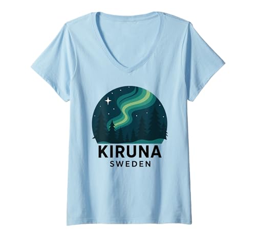 Damen Kiruna Sweden Aurora Borealis Nordlichter Retro Arktis T-Shirt mit V-Ausschnitt Damen Kiruna Sweden Aurora Borealis Nordlichter Retro Arktis T-Shirt mit V-Ausschnitt von Sweden Skies Apparel