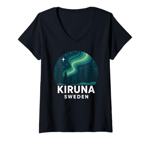 Damen Kiruna Sweden Aurora Borealis Nordlichter Retro Arktis T-Shirt mit V-Ausschnitt Damen Kiruna Sweden Aurora Borealis Nordlichter Retro Arktis T-Shirt mit V-Ausschnitt von Sweden Skies Apparel