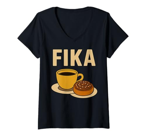 Damen Fika Swedish Tradition Kaffee- und Zimtbrötchen T-Shirt mit V-Ausschnitt Damen Fika Swedish Tradition Kaffee- und Zimtbrötchen T-Shirt mit V-Ausschnitt von Swedish Flag Designs Sweden Proud Viking Roots