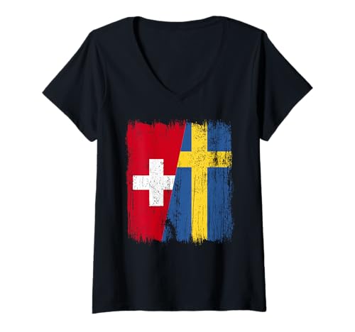 Damen Schweiz Schweden Halbflagge Schweiz Schwedenwurzeln T-Shirt mit V-Ausschnitt von Swedish Flag Designs Sweden Proud Viking Roots