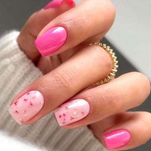 24 Stück kurze Nägel zum Aufdrücken, quadratisch, glänzend, künstliche Nägel, Acryl, volle Abdeckung, falsches Blumen-Design für Frauen, französische Spitze von Sweeaau