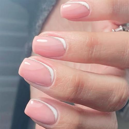 24 quadratische Nägel zum Aufdrücken, glänzende Designs, französische künstliche Acryl-Klebstoffe, für Damen, Sarg, Mandel, französische Spitze von Sweeaau