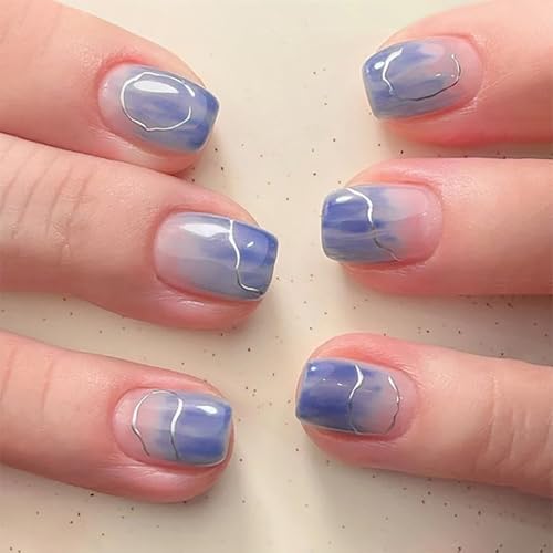 24 quadratische Nägel zum Aufdrücken, glänzendes Design, französische künstliche Acryl-Klebstoffe, für Damen, Sarg, Mandel, französische Spitze von Sweeaau