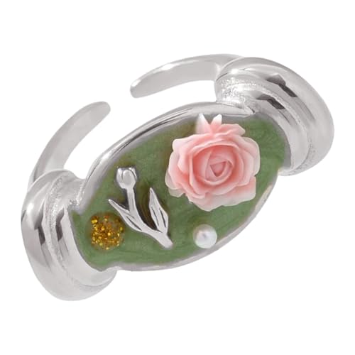 Edelstahl-Ringe mit Öl-Rosenblüten mit Perlen, flexible Öffnung, Schmuck, Geschenk, offenes Band, Blumenschmuck, Perlen, Rose, Blume verstellbar, Einheitsgröße, Wie beschrieben, Wie beschrieben von Sweeaau