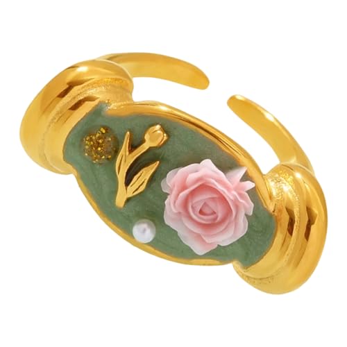 Edelstahl-Ringe mit Öl-Rosenblüten mit Perlen, flexible Öffnung, Schmuck, Geschenk, offenes Band, Blumenschmuck, Perlen, Rose, Blume verstellbar, Einheitsgröße, Wie beschrieben, Wie beschrieben von Sweeaau