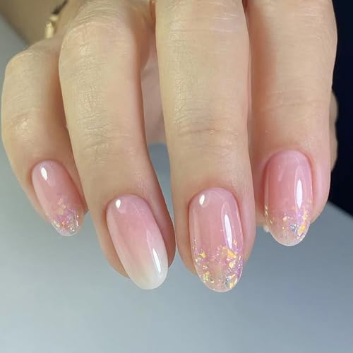 Künstliche Nägel zum Aufdrücken, künstliche Nägel zum Aufdrücken, Glitzer-Designs, französische Spitzen, Acrylkleber, Nägel für Damen, transparent, 24 Stück von Sweeaau