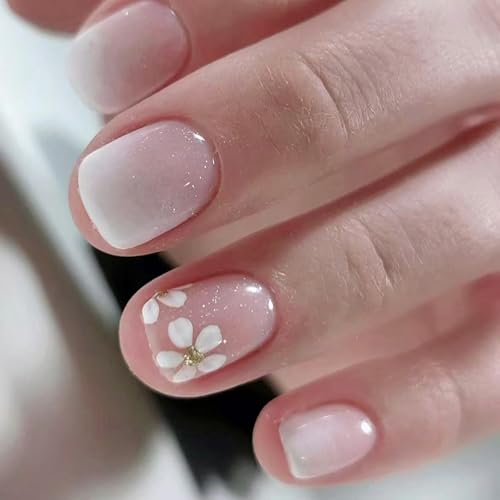 Kunstnägel, kurz, quadratisch, zum Aufdrücken, französische Spitzen, künstliche Fingernägel, mit Blumen-Design, künstliche Acryl-Klebstoffe auf dem Nagel für Damen, transparent von Sweeaau