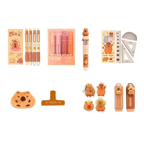 Sweeaau 9 x Cartoon-Schreibwaren mit großem Federmäppchen, Textmarker, Lineal, Radiergummi, Gelstift, Büroklammer, Aufkleber, Capybara-Federmäppchen mit Aufkleber von Sweeaau