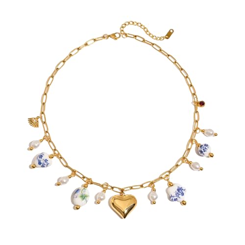 Sweeaau Artistics Halskette mit Keramik-Anhänger und natürlichen Perlen, verstellbare Länge, tragbares Design, verstellbare Perlen-Choker, Einheitsgröße, Wie beschrieben, Wie beschrieben von Sweeaau
