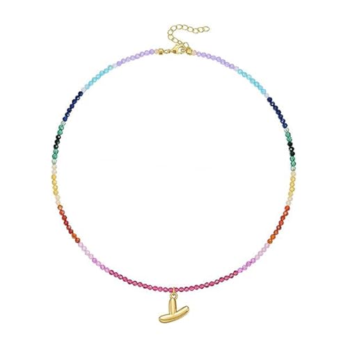 Sweeaau Halskette mit Buchstaben-Anhänger, 14 Karat vergoldet, mit Regenbogen-Edelsteinperlen für Damen, Strandschmuck, modische Halskette, Einheitsgröße, Wie beschrieben, Wie beschrieben von Sweeaau