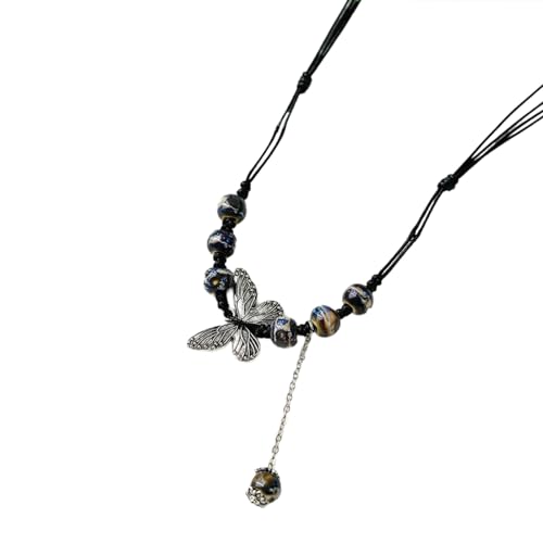 Sweeaau Handgefertigte Keramik-Halskette, Verzierung, ethnische Keramik-Halskette, Accessoire, verziert mit handgefertigtem Schmetterlings-Anhänger, verstellbarer Umfang, Einheitsgröße, Wie von Sweeaau