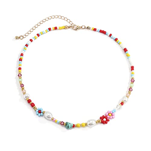 Sweeaau Handgewebte kleine Blumen-Perlen-Halskette, verstellbar, kurze Schlüsselbein-Kette, Imitationsperle, Party-Schmuck, Schlüsselbein-Kette, Choker, Einheitsgröße, Wie beschrieben, Wie beschrieben von Sweeaau