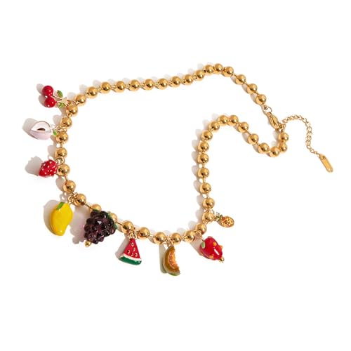 Sweeaau Stilvolle, mehrschichtige Obst-Charm-Kette mit Wassermelonen-Ananas-Kirschen-Designs für lässige Outfits, Obst-Themen-Halskette, Einheitsgröße, Wie beschrieben, Wie beschrieben von Sweeaau