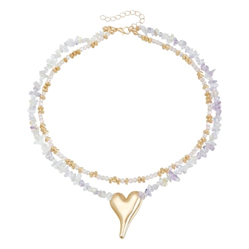 Sweeaau Stilvolle, verstellbare Halskette mit natürlichem mehrfarbigem Stein, Herzanhänger, Schlüsselbeinkette, leichte Legierung, Schmuck für Damen, Party, Edelsteine von Sweeaau