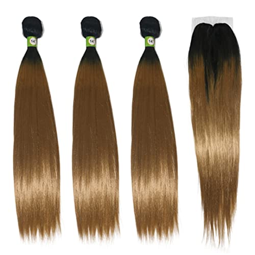 18-30 Inch Straight Hair Bundles With Closure Synthetic Ombre Natural Brown Red Synthetic Hair Weave Extensions For Women T1B27 20inch von Sweejim