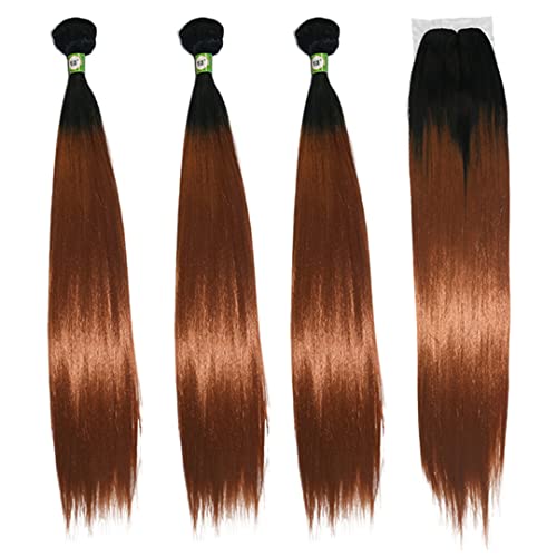 18-30 Inch Straight Hair Bundles With Closure Synthetic Ombre Natural Brown Red Synthetic Hair Weave Extensions For Women T1B30 18inch von Sweejim