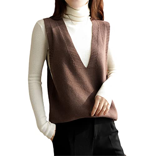 Damen Herbst Winter Große Größe Wolle Strickweste Mittellange V-Ausschnitt Kaschmir Ärmellose Weste, Kaffeebraun, XX-Large von Sweejim