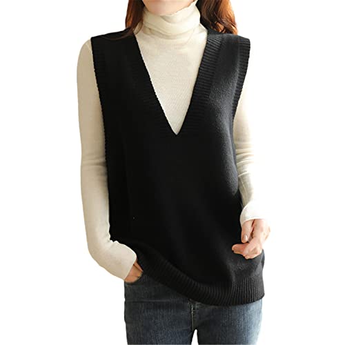 Damen Herbst Winter Große Größe Wolle Strickweste Mittellange V-Ausschnitt Kaschmir Ärmellose Weste, Schwarz , XX-Large von Sweejim