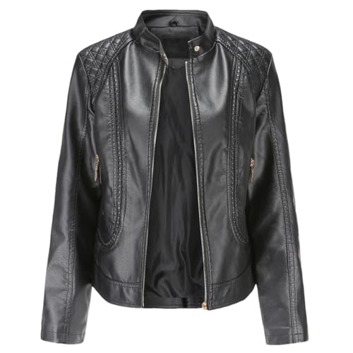 Damen Lederjacke mit großem Stehkragen, PU, Punk, Motorradbekleidung, Schwarz , 50 von Sweejim