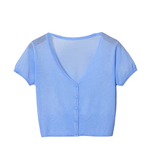 Frauen Mode Kurze Ärmel Sommer Strickjacke Dünne Strickwaren Tops, hellblau, L von Sweejim