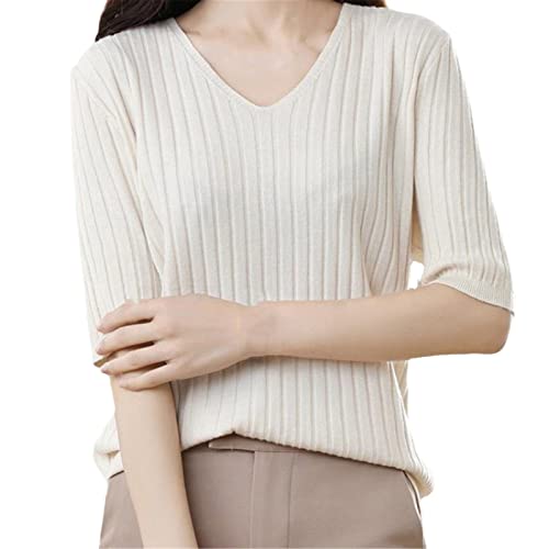 Frühling Sommer Damen V-Ausschnitt Kurzarm Kaschmir Strickpullover Pullover, beige, L von Sweejim