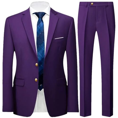 Herren Bräutigam Hochzeitskleid Blazer Hose 2-teiliges Set Business Classic Kleid Anzughose Freizeitjacke Mantel, 2 Knöpfe, lila, Large von Sweejim