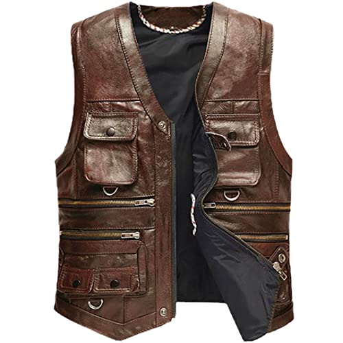 Herren Lederweste First Layer Rindsleder Weste Stilvolle Multi-Pocket V-Ausschnitt Weste Hellbraun Leder 3XL von Sweejim