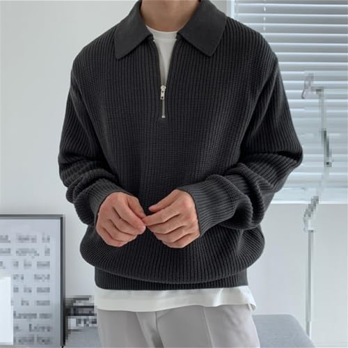 Herren-Strickpullover Mit Halbem Reißverschluss, Streetwear, Lockerer Lässiger Pullover, Umlegekragen, Sweatshirt, Frühling von Sweejim