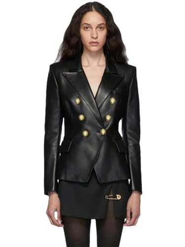 Kurzer Damen-Blazer für Frühling, Herbst, PU-Leder, langärmelig, goldene Knöpfe, zweireihig, Schwarz , 36 von Sweejim