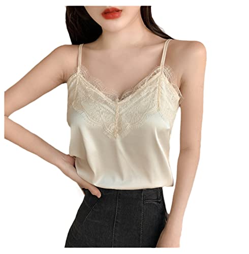 Sweejim Sommer-Satin-Crop Top für Damen, weißes Spitzen-Top, weibliches Camisole schwarzes Neckholder-T-Shirt, Damen-Kleidung, aprikose, Small von Sweejim