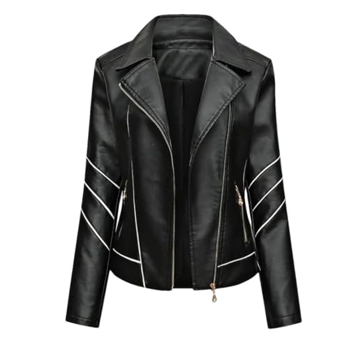 Sweejim Damen-Motorrad-Lederjacke für Frühling, Herbst, Damenmantel, Bikerjacke, Schwarz , 48 von Sweejim