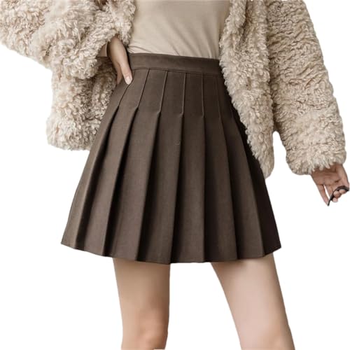 Sweejim Modischer Herbst-Winter-Woll-Minirock, Damen, Vintage, hohe Taille, A-Linie, plissiert, Schule, Skate, kurzer Rock, braun, 40 von Sweejim