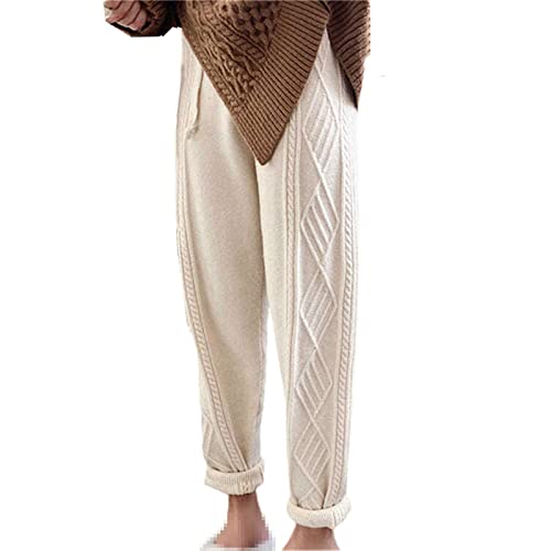 Winter Warm Gestrickte Sweatpants Damen Casual Hohe Taille Dicke Knöchellange Hose Lose Pullover Hose, beige, L von Sweejim