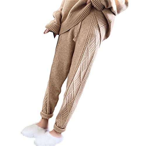 Winter Warm Gestrickte Sweatpants Damen Casual Hohe Taille Dicke Knöchellange Hose Lose Pullover Hose, khaki, M von Sweejim