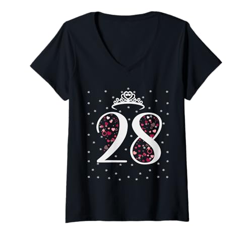Damen 28 Herzen Krone 28 Jahre alt Happy 28th Birthday Mädchen Frauen T-Shirt mit V-Ausschnitt von Sweet 28th Birthday Gift 28 Year Old Birthday Lady